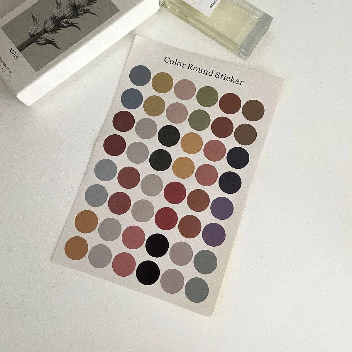 Morandi earth colour polka dot seal sticker sheet with 48 die-cut 2 cm circle stickers on an A5 size 16x24.5 cm sheet