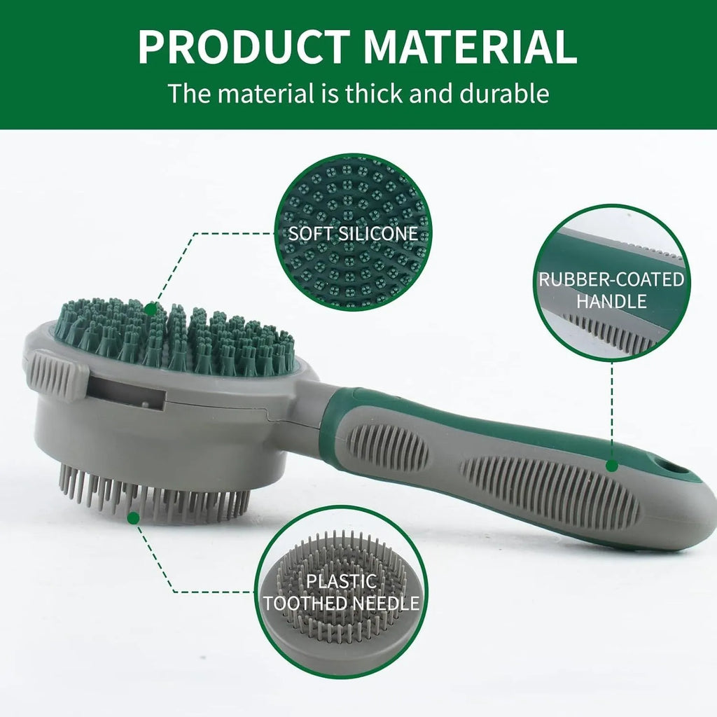 Green and pink 2-in-1 silicone pet grooming brush with retractable slicker and octopus-teethed massager