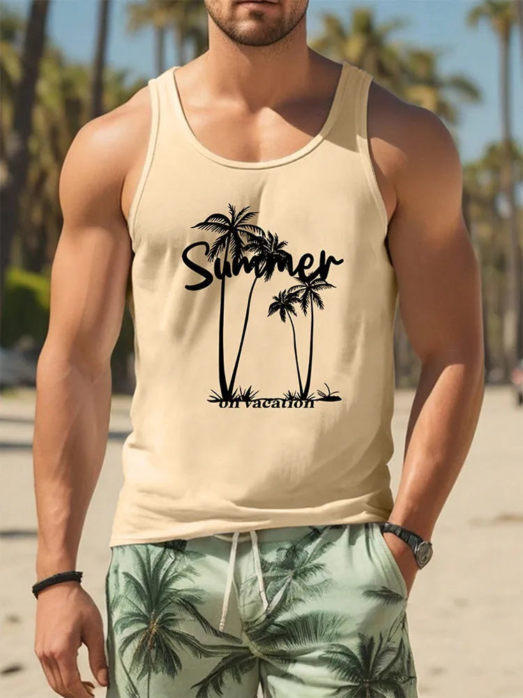 Men's solid colour Hawaiian style 3D printed sleeveless vest t-shirt in polyester fabric