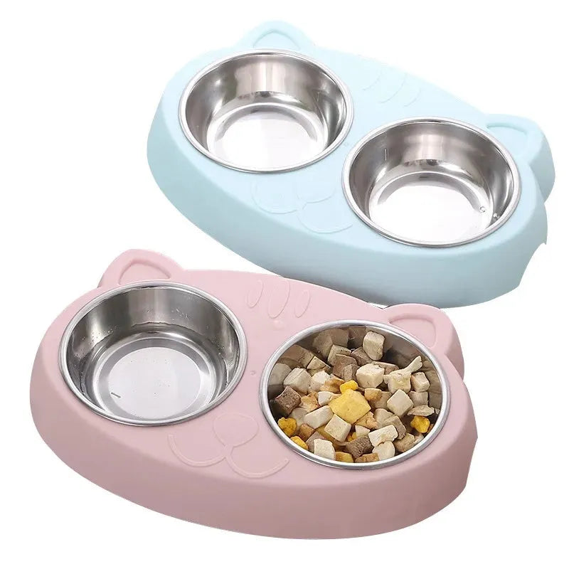 Blue plastic pet feeding tray with double bowl design and four compartments for cat or dog food and water
