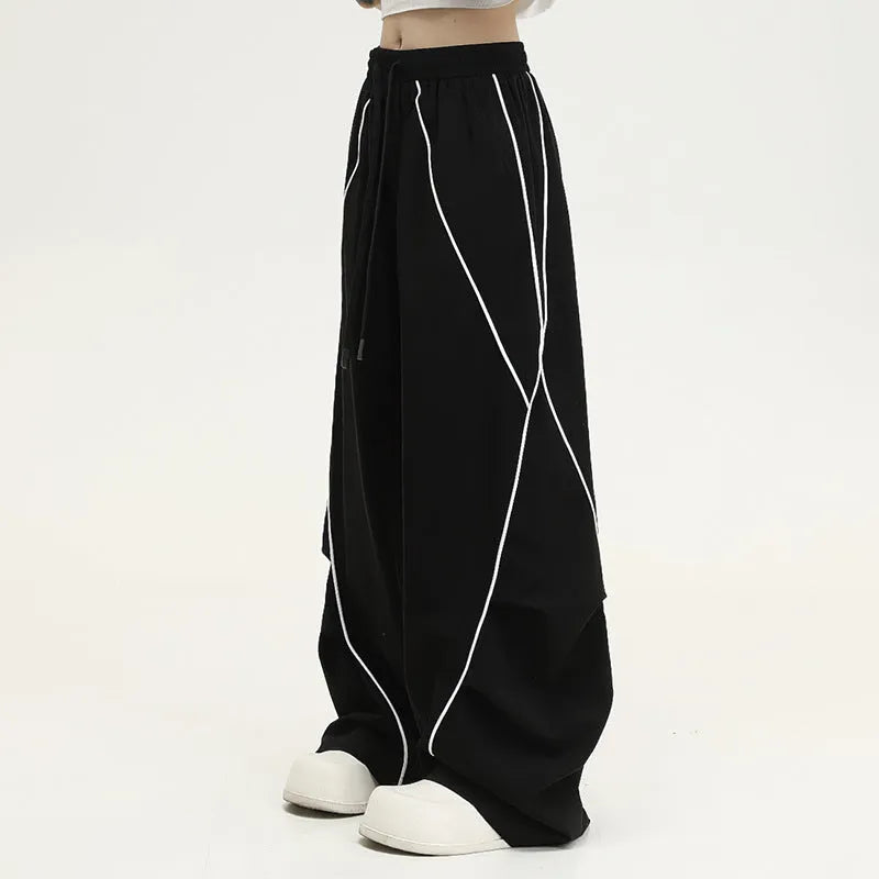 Black pleated wide-leg hip hop sports trousers with a striped pattern