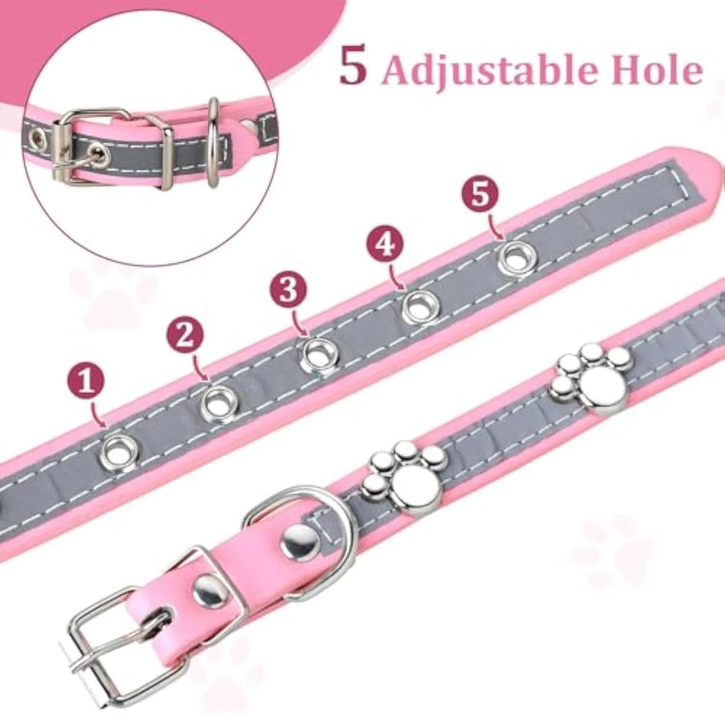 Reflective dog collar with adjustable PU leather strap and decorative paw print metal rivets
