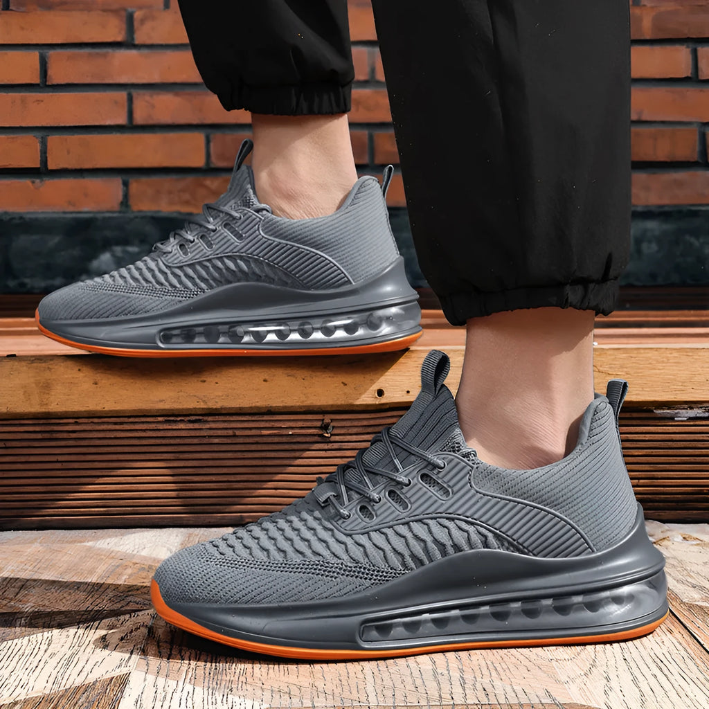 Men's black mesh running shoes with round toe and lace-up front for summer sports