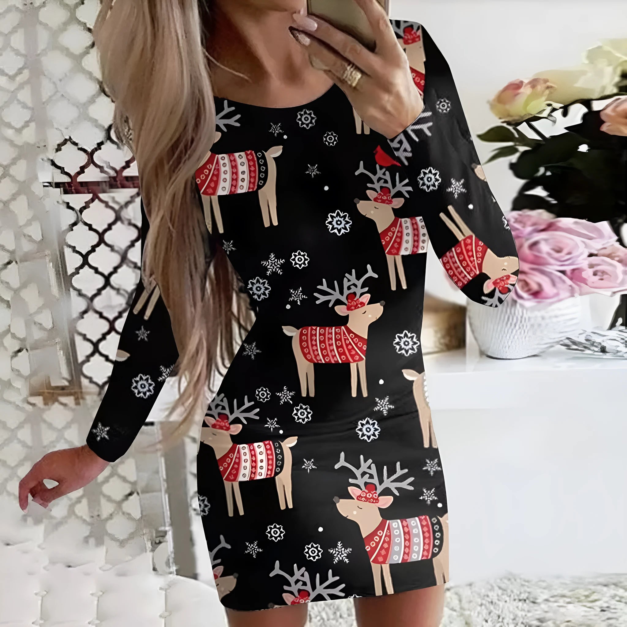 Women's red Christmas print narrow dress with animal pattern, round neck, long sleeves