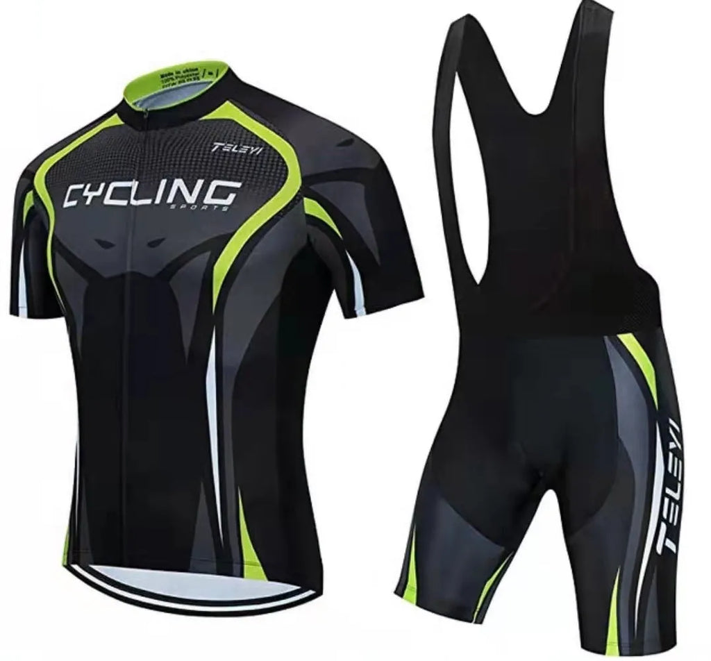 Men's and women's cycling jersey set with top and trousers for mountain and road biking in summer.