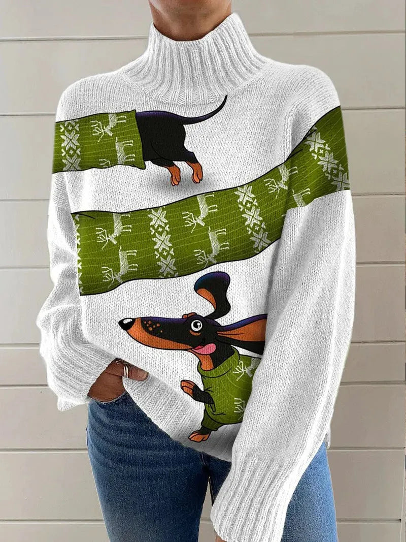 Women's Christmas printed turtleneck pullover sweater in loose casual style with long sleeves