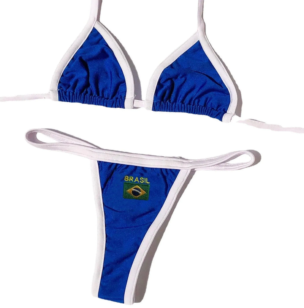 Yellow women's T-back bikini top with matching shorts-length pants on a neutral background.