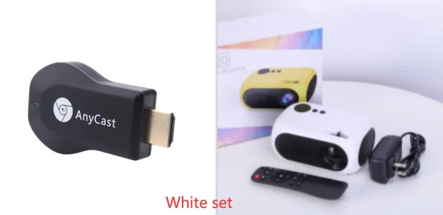 M24 gold and white micro mini portable LED projector with power adapter and AV cable on a grey background