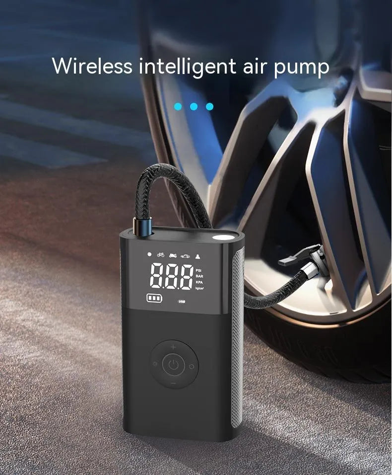 Wireless handheld digital tyre inflator with LCD screen, LED light, and attachments for car, bike, and ball valves.