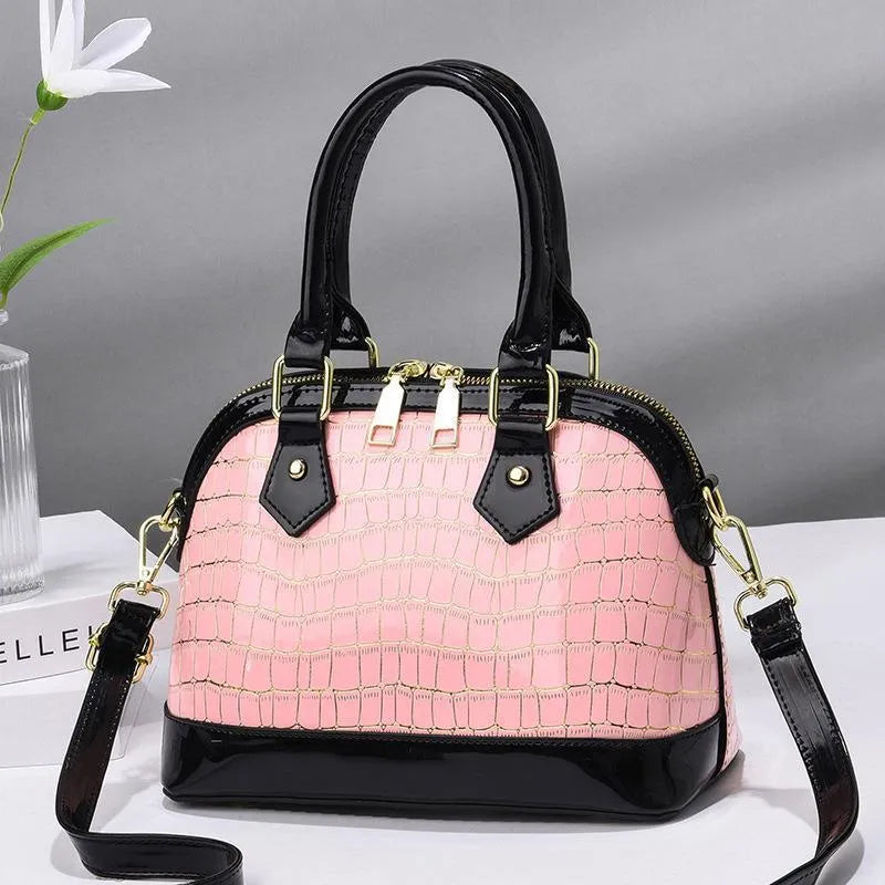 Women's shell-shaped PU top handle crossbody bag, solid colour, patent finish, metal accent, large size, zipper closure