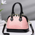 Women's shell-shaped PU top handle crossbody bag, solid colour, patent finish, metal accent, large size, zipper closure