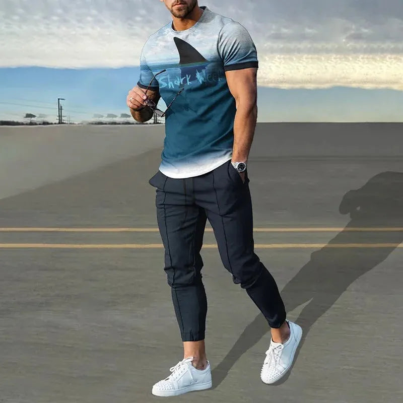 Man wearing a printed short-sleeve pullover and matching trousers from a thin polyester sports suit set.