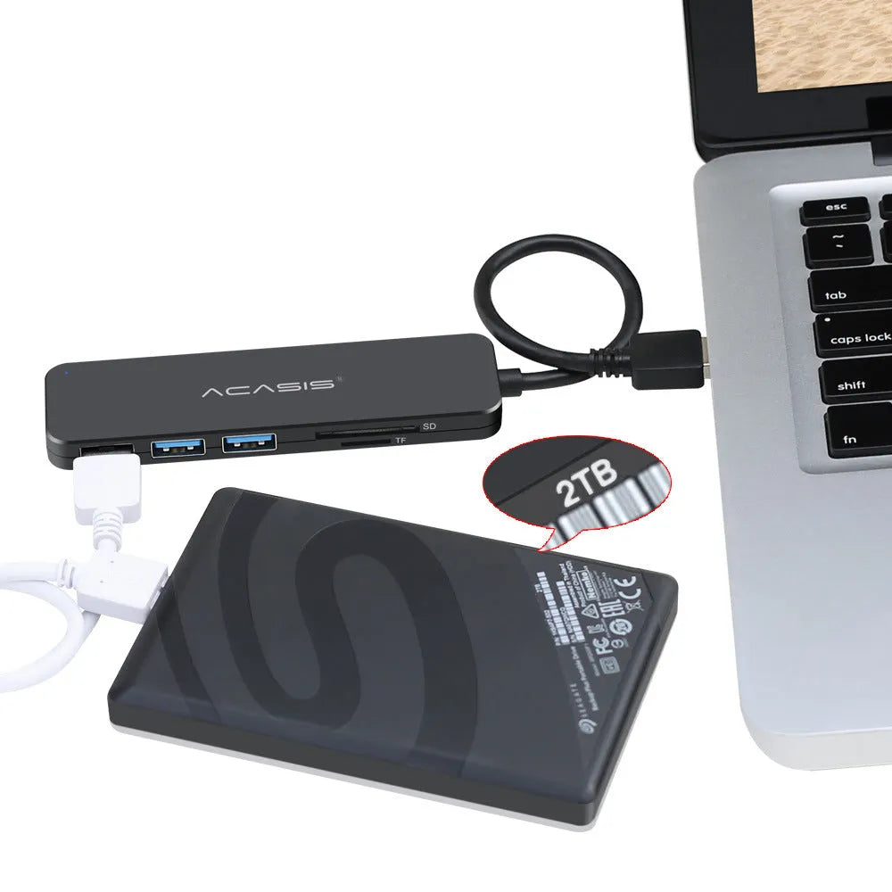 Black USB 2.0 and 3.0 hub card reader with 5 Gbps speed and 20cm cable