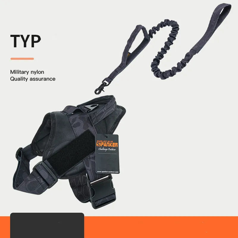 1050D nylon large medium dog harness with UTX buckle and military webbing on grey background