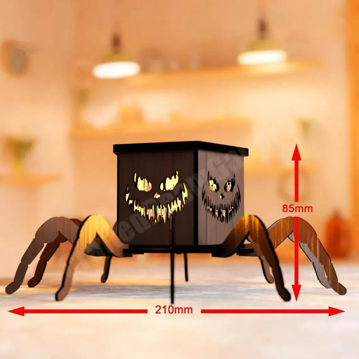 Modern minimalist wooden spider lantern candlestick Halloween decoration measuring 21cm tall