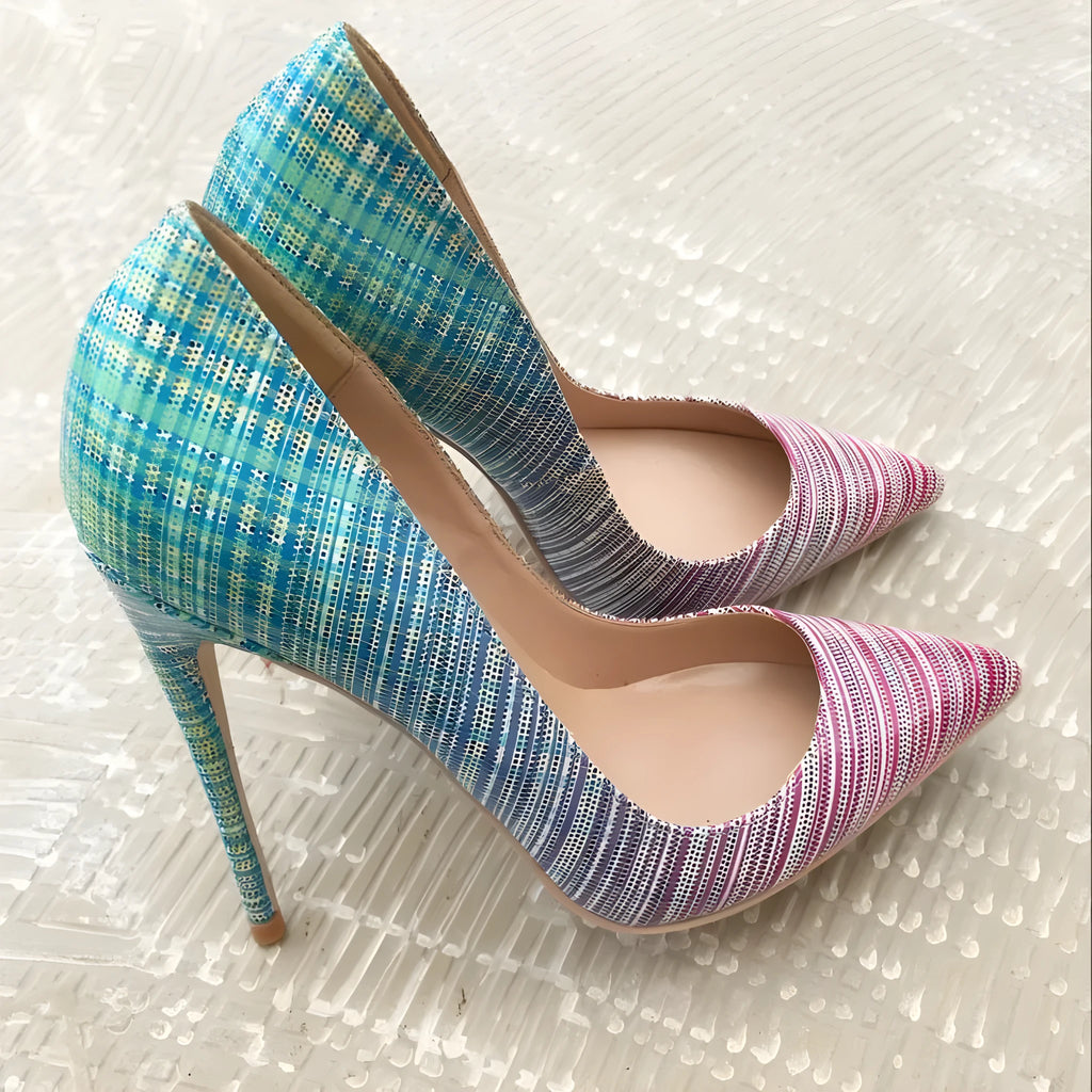 Ladies pointed toe super high heel shoes in gradient pink and blue patent leather