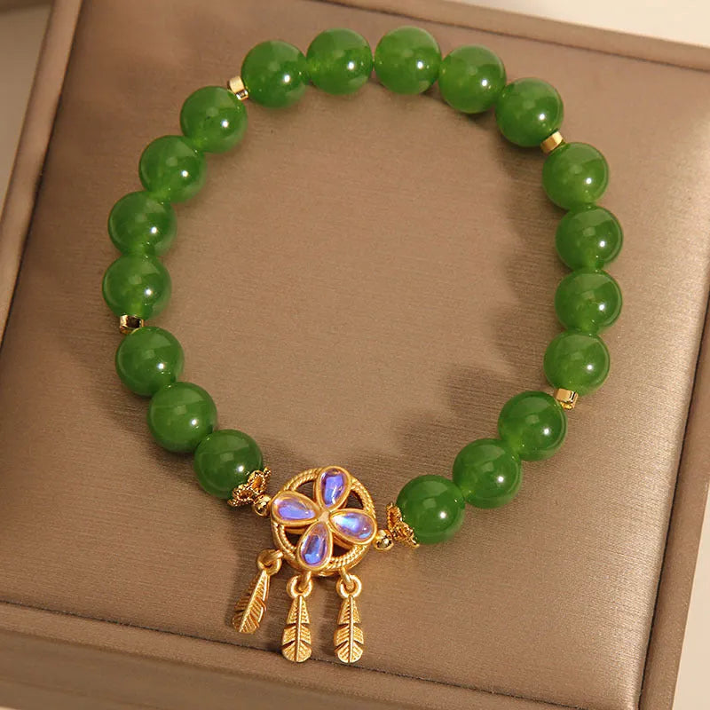 Women's bracelet with green jasper crystal four-leaf clover dream catcher pendant