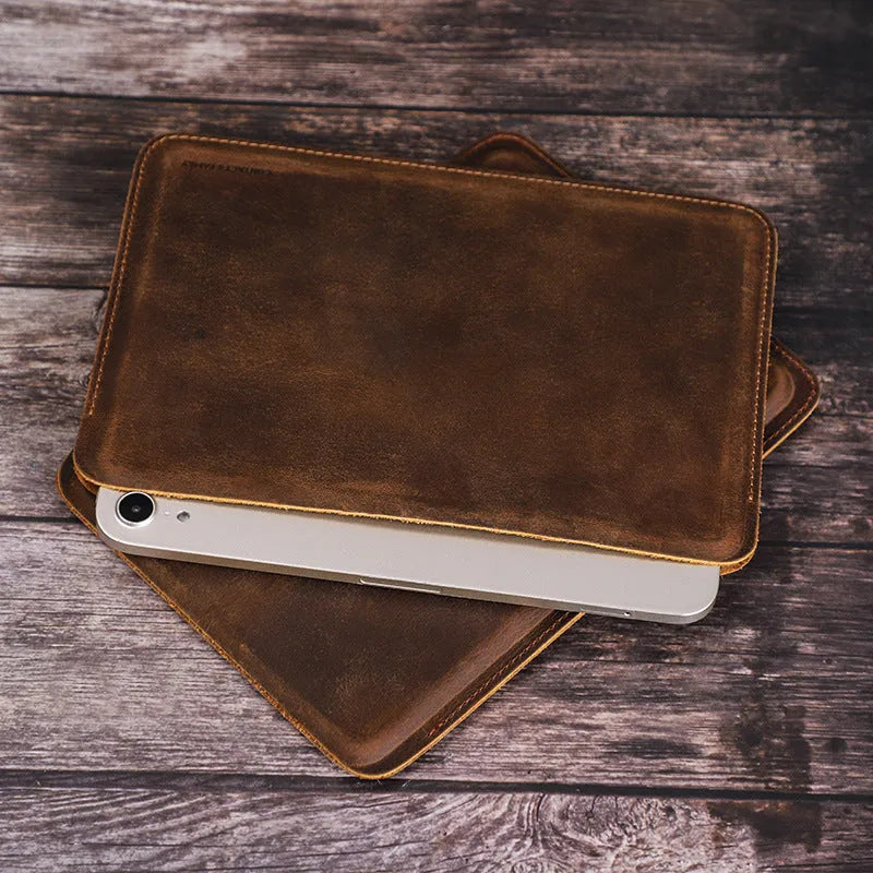 Genuine leather iPad protective case in brown horizontal orientation with handmade stitching