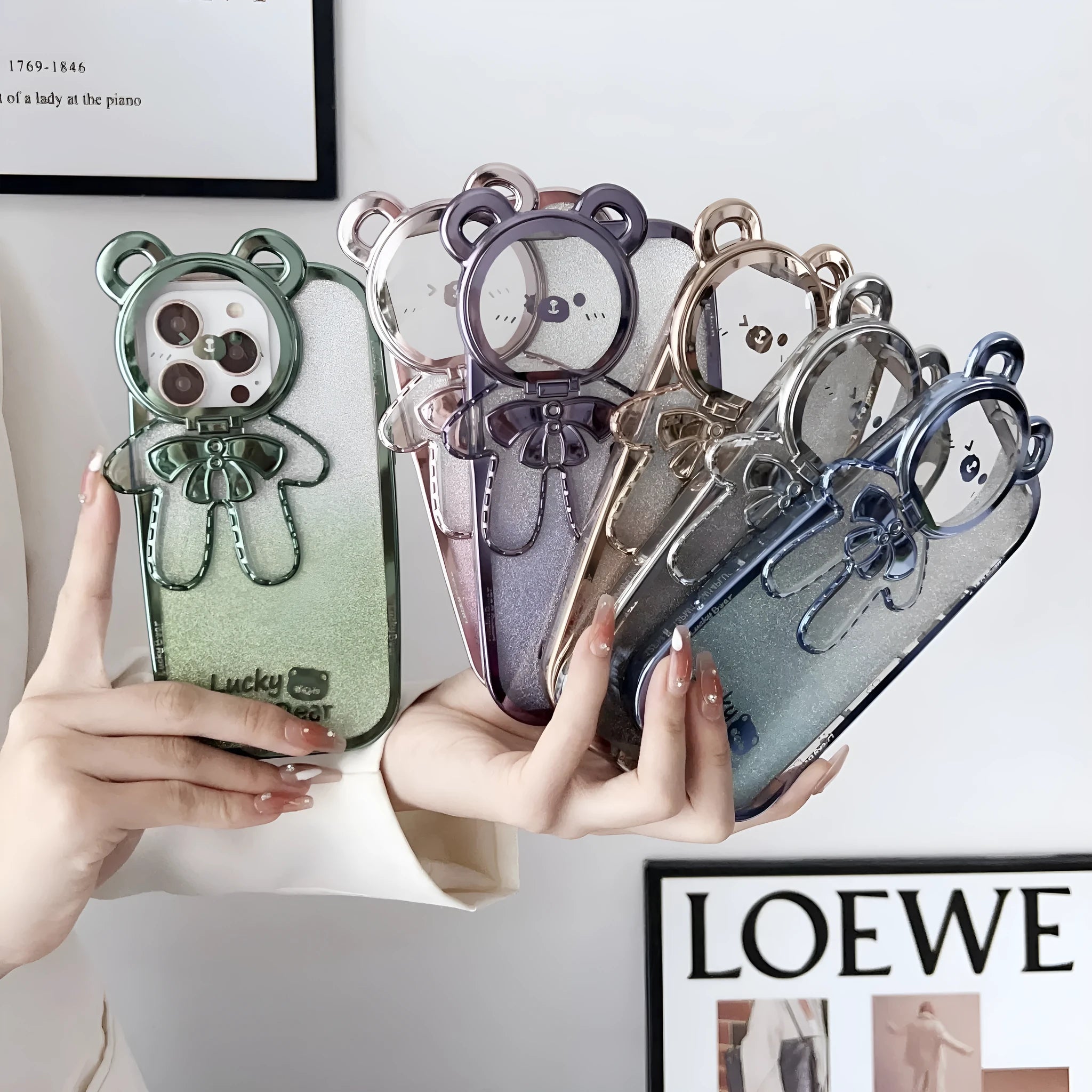 Electroplating glitter TPU phone case with Lucky Bear bracket for iPhone series