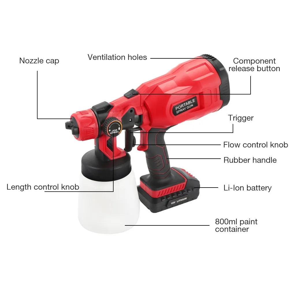 Blue cordless paint spraying machine with a large fluid tank and a detailed nozzle.