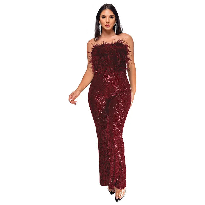 Women's sleeveless backless jumpsuit with flared legs and sequin detailing in wine red colour