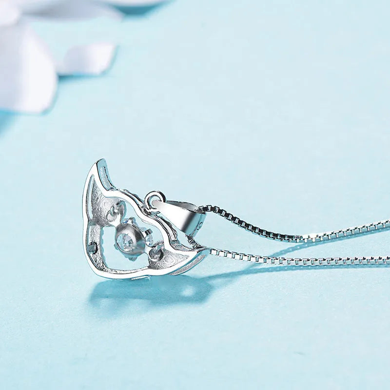 S925 sterling silver angel wings pendant necklace on model – 17mm wing charm with Swiss 4A zirconium diamond, silver colour, electroplated polished finish