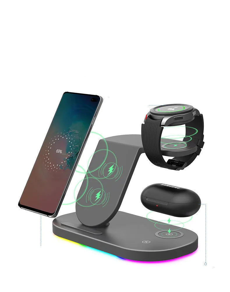 Three-in-one fast wireless charger in ABS material with Type-C input for phone watch and headphone