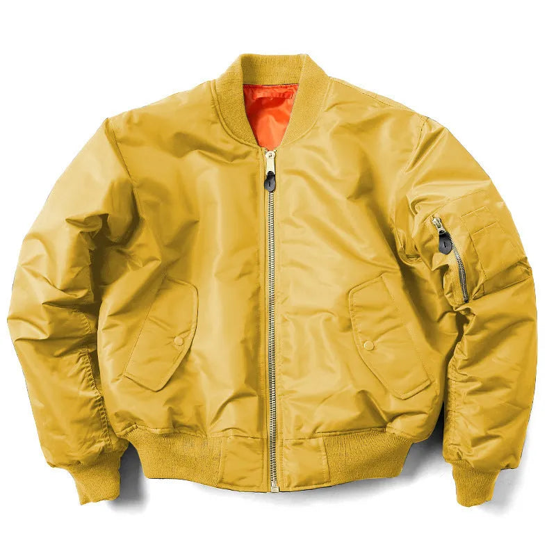 Men's loose fit army green nylon pilot jacket with cotton padding on a mannequin.