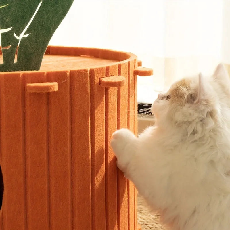 Carrot-shaped felt cat tunnel and semi-enclosed nest for indoor cats, shown in a colour assortment.