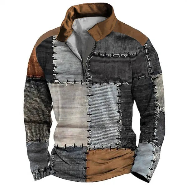 Men's long sleeve t-shirt with retro colour printing and striped zipper decoration on polyester bird eye cloth