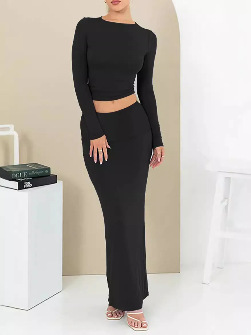 Women's polyester two-piece suit set with three-quarter sleeve top and long skirt in fresh sweet style