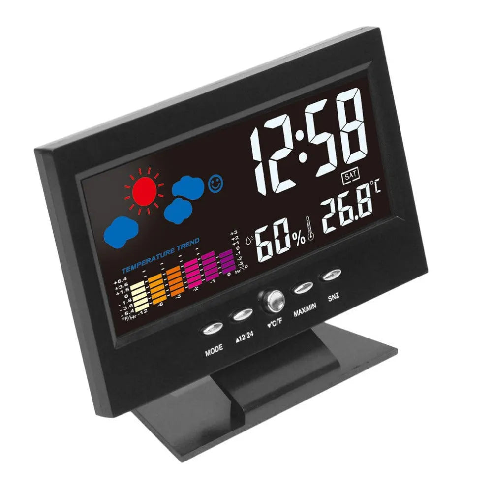Multi-function large screen perpetual calendar clock with time, date, temperature, world time, alarm, and voice-activated backlight in Black