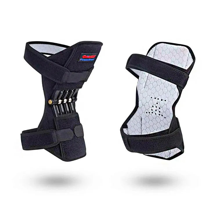 Adjustable spring knee brace patella booster in black colour with breathable fabric and venting holes