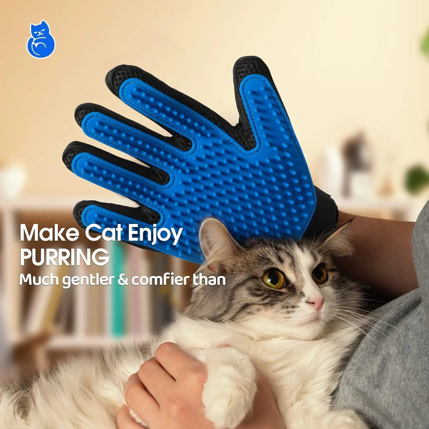 Blue pet grooming gloves with silicone tips for dog and cat hair removal and massage