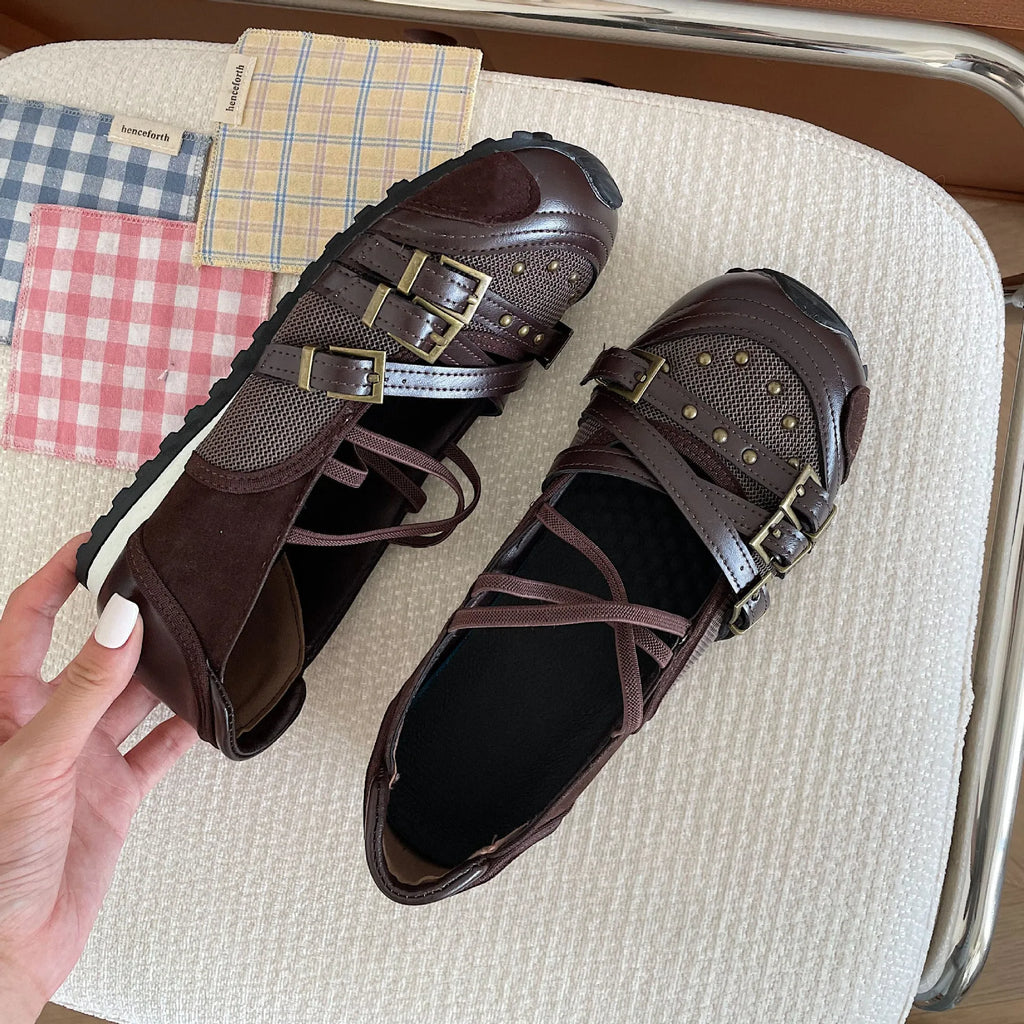 Women's ballet flat bottom pumps in brown with buckle detail, flat heel, and round toe shape for summer casual wear