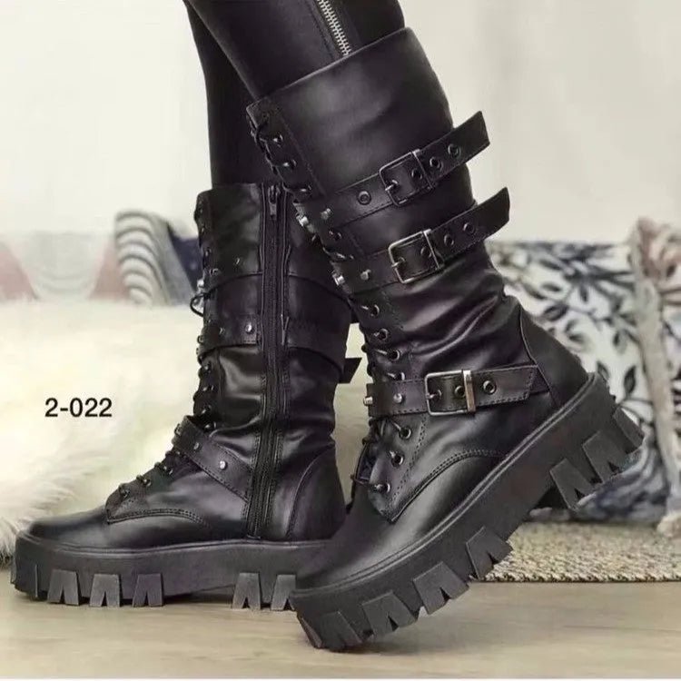 Women's black mid-calf knight boots with metal buckle detailing and side zipper closure