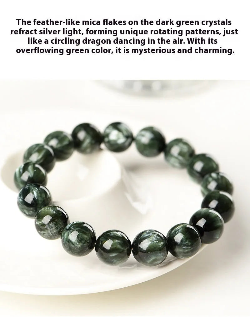 Green Dragon Crystal bracelet with 8-9mm round beads and Ruyi decoration in grade 7A natural green colour