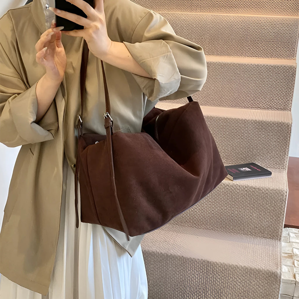 Women's large capacity suede pillow shoulder bag available in black, brown, coffee, khaki colours