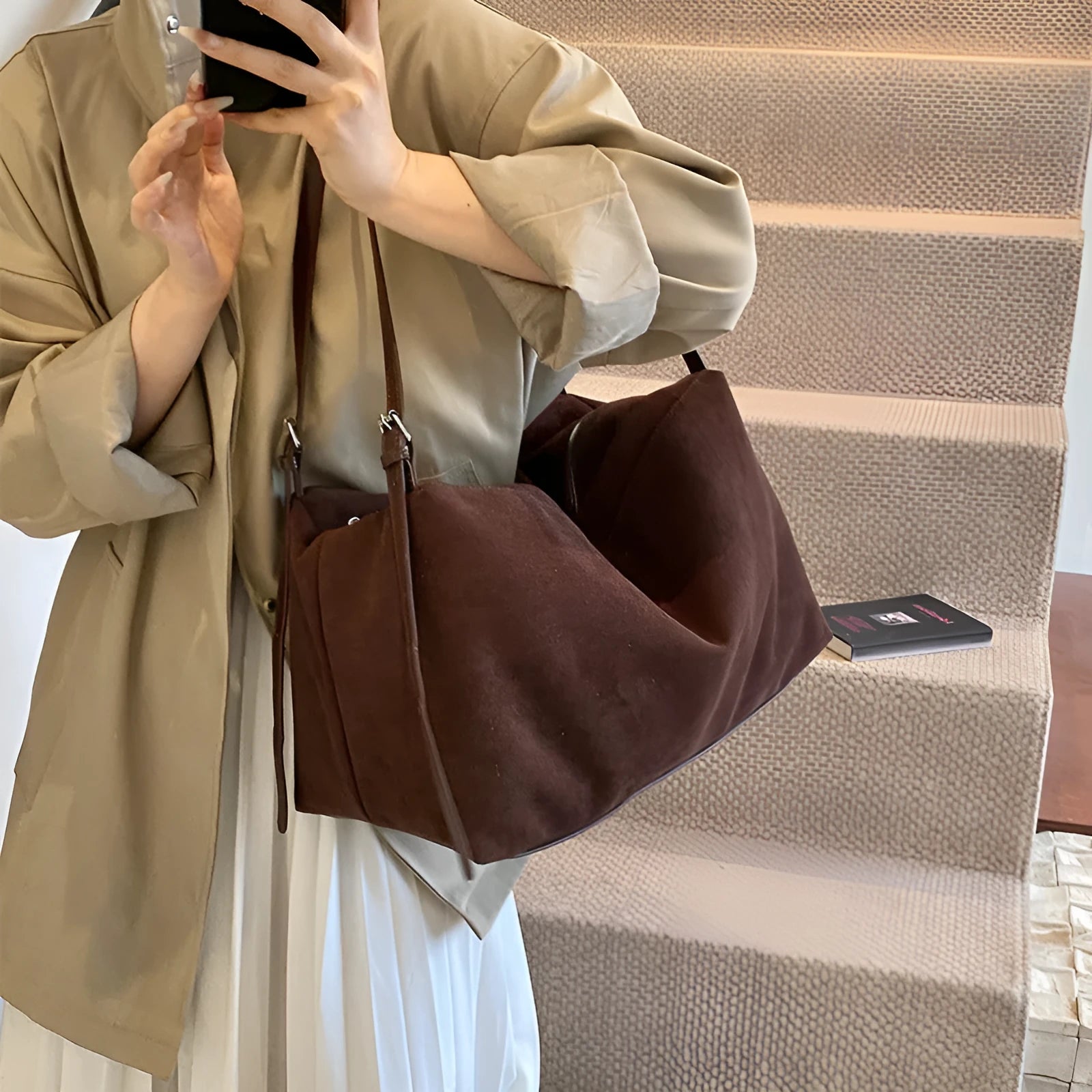 Women's large capacity suede pillow shoulder bag available in black, brown, coffee, khaki colours