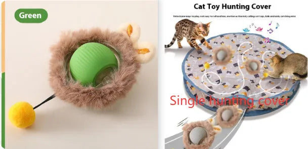 Silicone cat rolling ball toy in green, grey, red, and pink plush designs with optional rope attachment