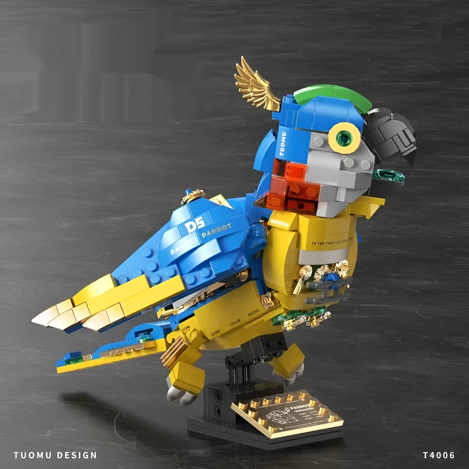 Steampunk macaw building block model in colour box packaging, 27cm size