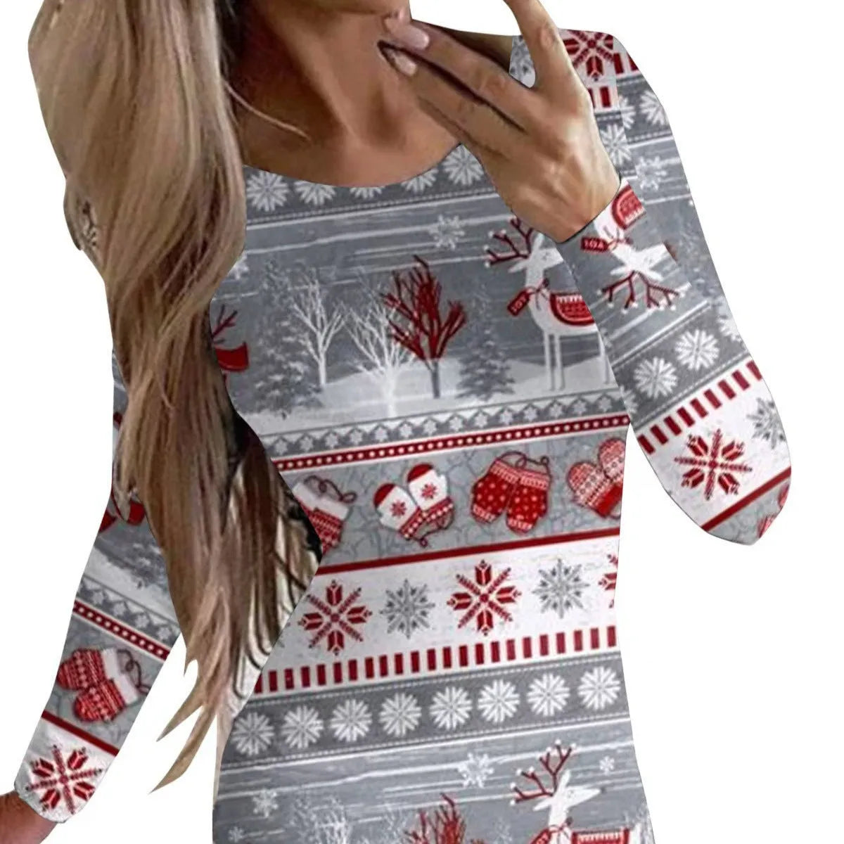 Women's red Christmas print narrow dress with animal pattern, round neck, long sleeves