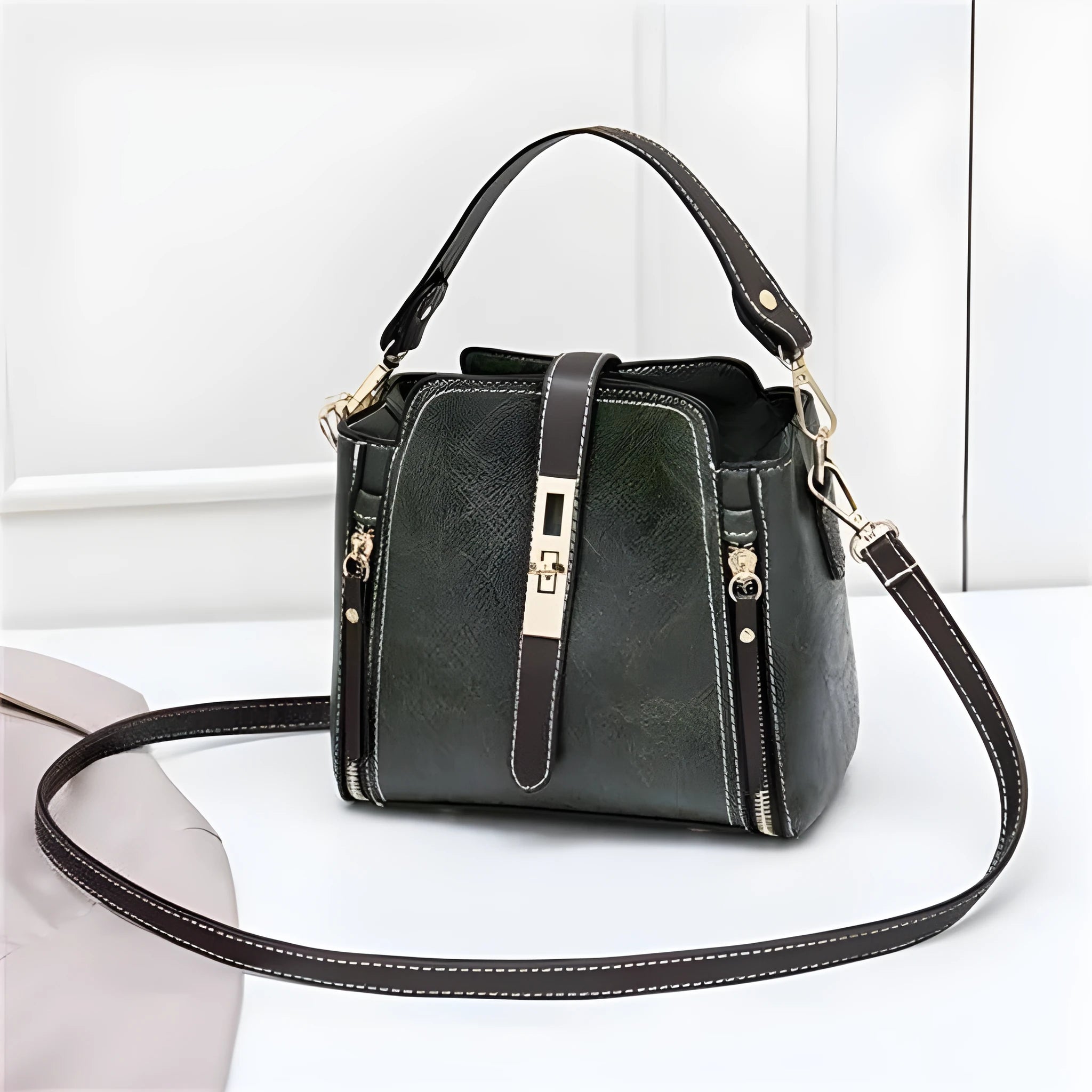 Women small faux leather shoulder bag with detachable strap and turn-lock closure, black colour