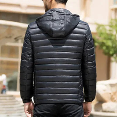 Men's stand collar winter coat in solid colour with zippered pockets, nylon fabric, 65cm length