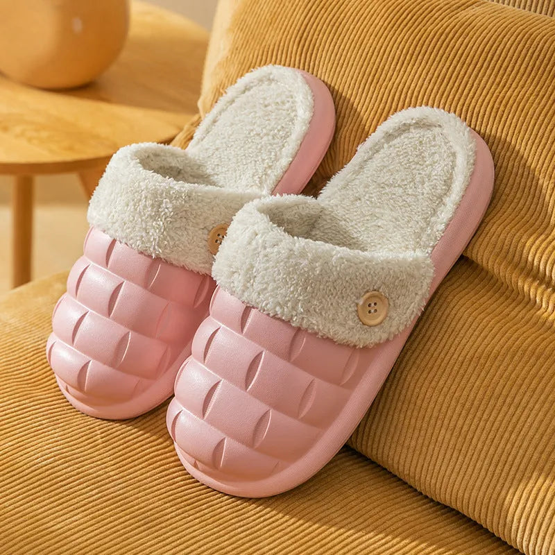 Plaid pattern detachable slippers with EVA sole and plush lining, shown in pink colour.