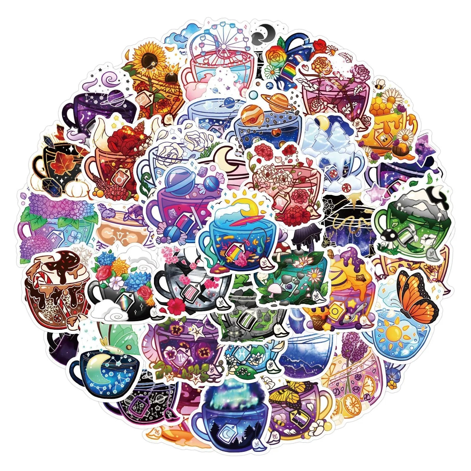 Pack of 50 colourful tea cup graffiti stickers in a Nordic style for waterproof DIY decoration.