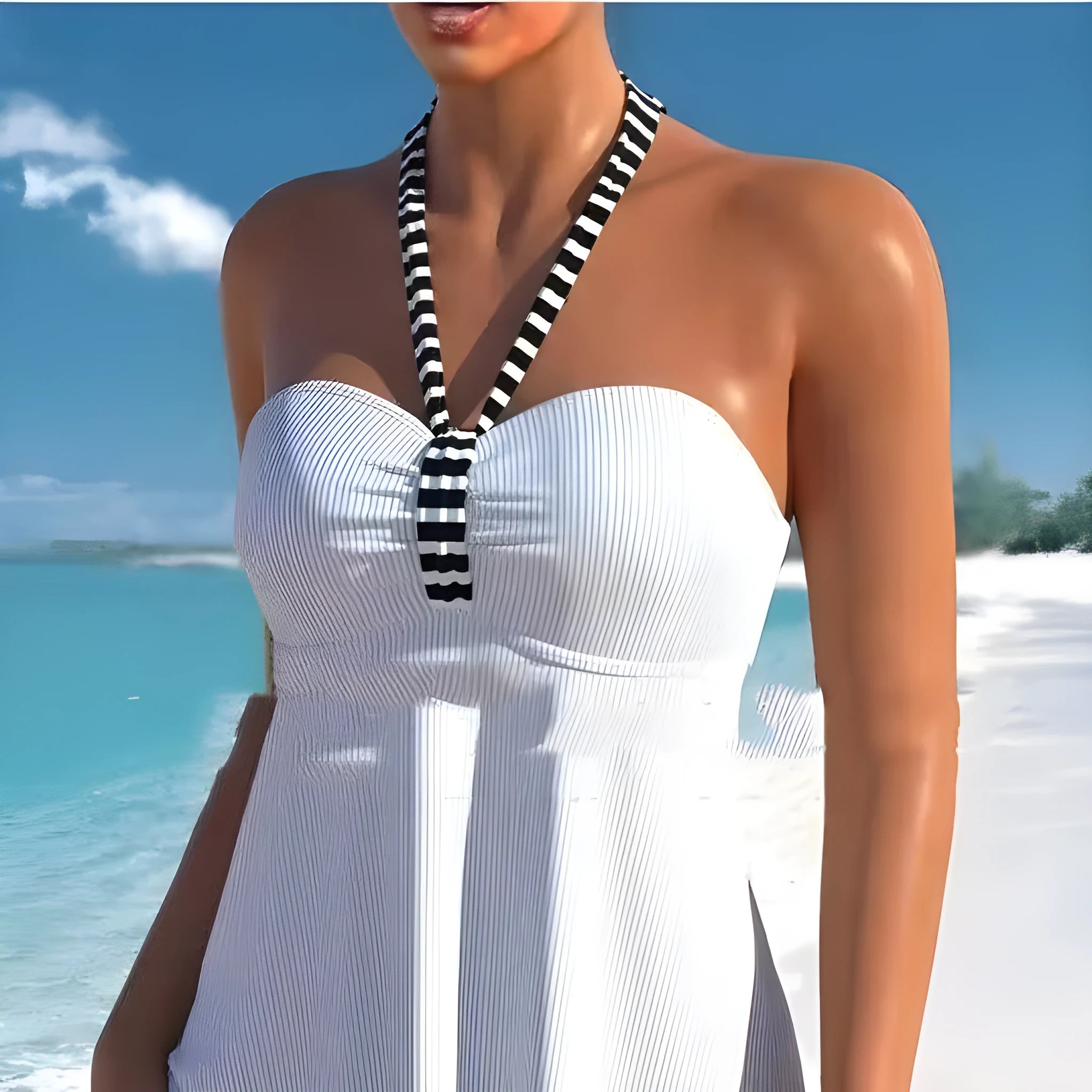 Black and white striped off-shoulder women's swimsuit with briefs style on mannequin
