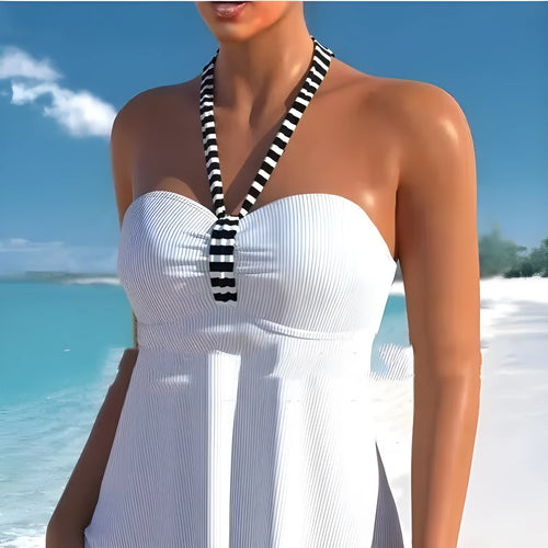 Black and white striped off-shoulder women's swimsuit with briefs style on mannequin