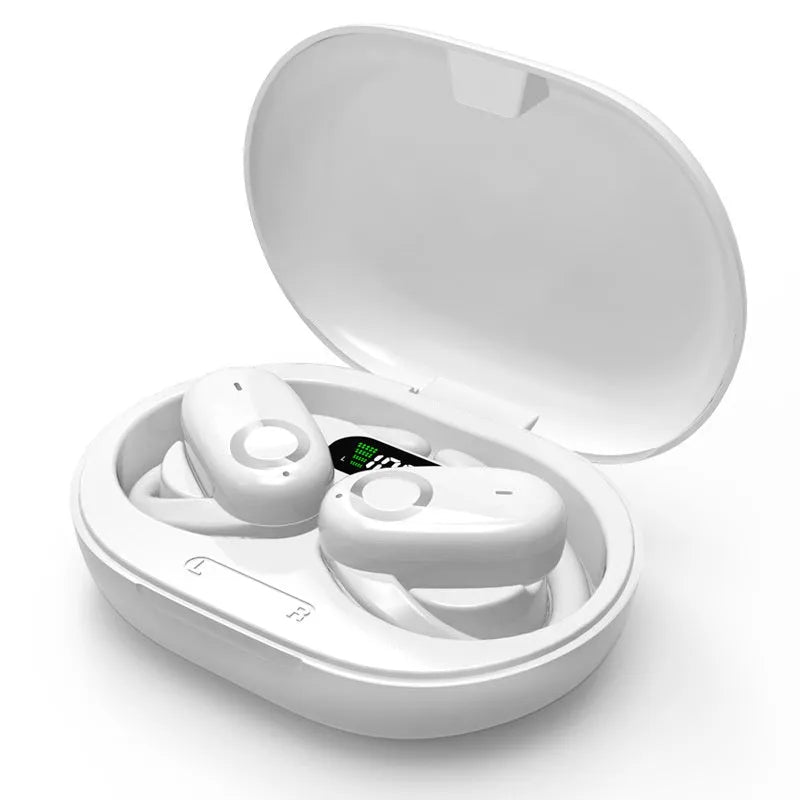 Simple Home rotating wireless Bluetooth headset in black with digital display screen, ear-mounted style