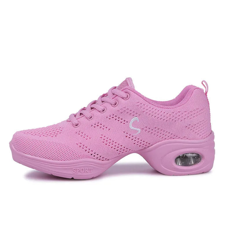 Women's white breathable fly woven mesh dance shoes with a soft PU sole on a light background.
